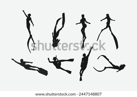 Vector set silhouette of Snorkeling, free diving. Swimming, extreme sport concept. Isolated background. Vector illustration.