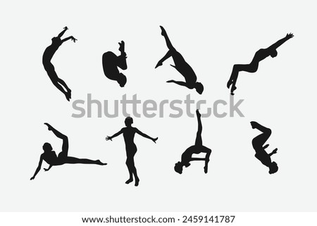 Vector set silhouette of synchronized swimming. Artistic swimming, water sport. Isolated background. Vector illustration.