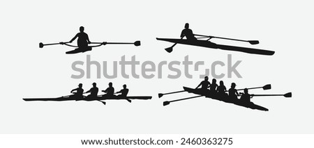 rowing silhouette collection set. water sport, race, transport, teamwork concept. different action, pose. monochrome vector illustration.