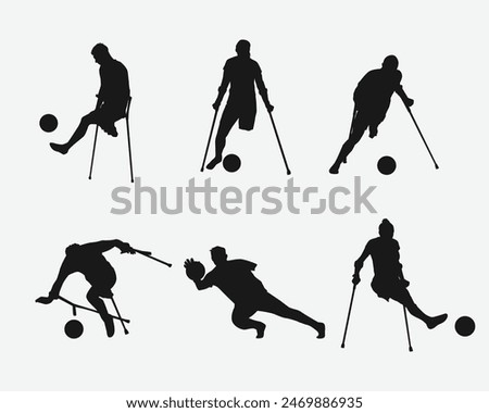 Silhouettes illustration of Amputee football player. Disabled athletes with different action, pose. Isolated on white background. Graphic vector.