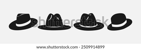 Set silhouettes of fedora hat. Icon, logo  on white background. Vector illustration.