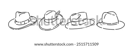 Set line drawing of fedora hat, panama. Isolated on white background. Vector illustration.