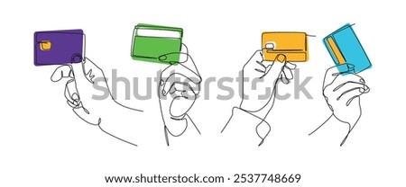 Set collection of hands holding credit card in continuous one line drawing style. Editable line and colored. Vector illustration.