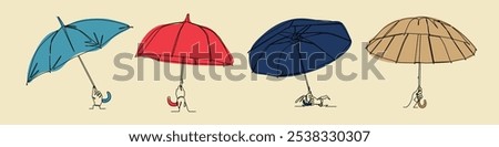 Collection of continuous one line drawing of hands holding umbrella. Editable line and colored. Vector illustration.