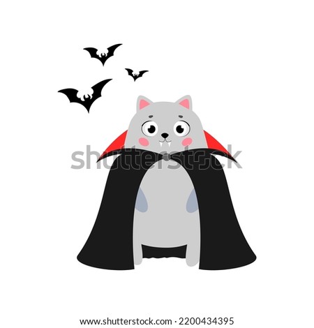 Halloween cat in a dracula costume. Cute cat in a vampire costume. Halloween party. Bat. Stylish vector illustration. Hand drawn vector illustration. Flat design.