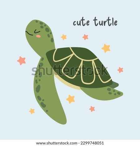 Cute turtle. Vector illustration of a sea turtle. Sea animal. Children's illustration in cartoon style. Underwater life. Blue isolated background.