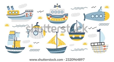 Vector set of ships, submarines, boats. Doodle scandinavian style childish ship. Marine transport clipart. Collection of cute ships. Nautical theme. White isolated background.  