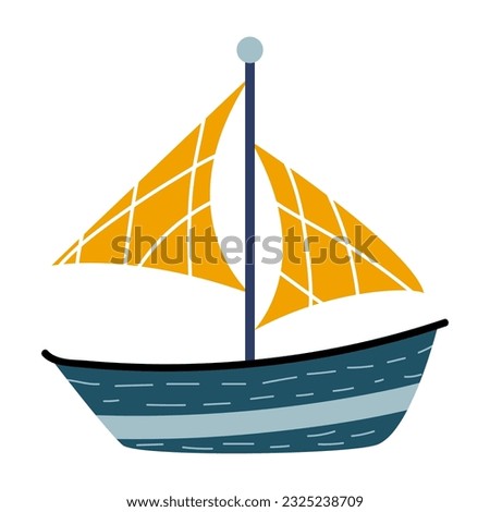 Boat with yellow sails. Vector illustration of a cute ship. Hand drawn style. Children's illustration for boys.  Print for kids t-shirts, cards, prints. White isolated background.