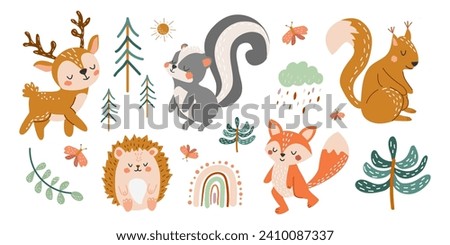 Set of cute forest animals. Vector illustration in hand drawn style. Deer, squirrel, skunk, hedgehog, fox, trees, Christmas trees in flat style. Children's background, banner, poster. 