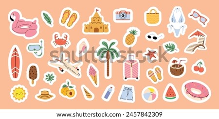 Large set of summer stickers. Fruit, palm tree, flamingo, flip flops, suitcase. Beach accessories, tourism. Elements for scrapbooking.  Flat vector illustration on peach isolated background. 