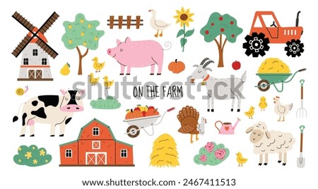 Large set of cute farm animals and birds in flat style. Cow, goat, lamb, goose, chicken, pig, tractor, hay and mill hand drawn style. Objects for poster, banner or postcard. White isolated background.