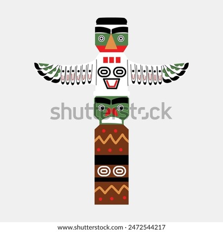 Totem pole. Traditional Canadian symbol.  Vector illustration in flat style. White isolated background. 