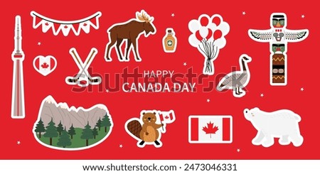 Vector set of stickers for Canada Day: totem pole, maple syrup, beaver, moose and Kagadian flag, northern bear, mountains. Red isolated background. Flat style.