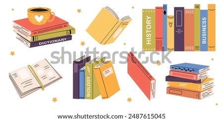 Cute vector book collection. Different stacks of books, open books. Educational theme. White isolated background.