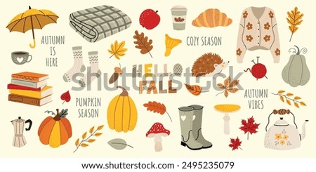 Autumn vector elements set. Cozy fall stickers. Leaves, pumpkins, fall clothes, umbrella, hedgehog, tea. The inscription hello fall. Isolated background. Illustration in the hand drawn style.