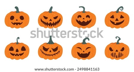 Similar – Image, Stock Photo Halloween pumpkin with smiling face on reflective background, four teeth. Light that illuminates the pumpkin from inside