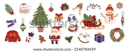 Christmas vector stickers collection with Santa, snowman, decorated tree, cozy sweater, wreath, presents, and holiday decorations. Winter elements for scrapbooking. Hand drawn style. White background.