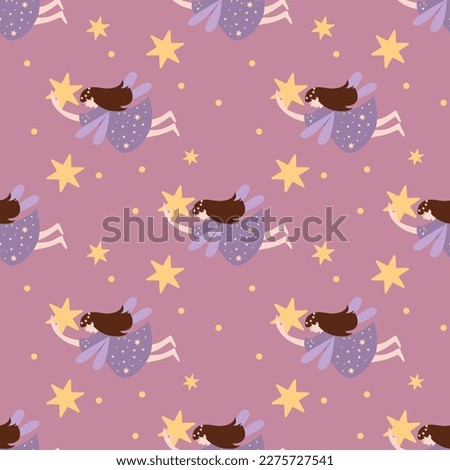 Seamless vector pattern with flying smiling and sleeping fairy holding a star. Good night or sweet dreams concept in pastel colors.