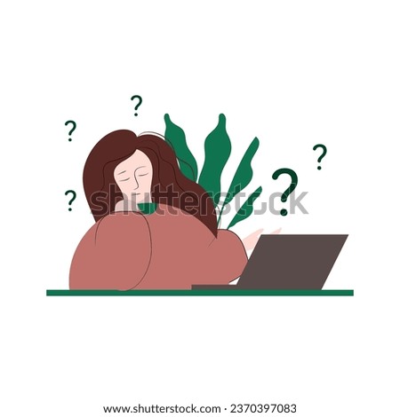 Vector thinking woman, student, worker or blogger, solving a problem, having a question, looking for solution, right way