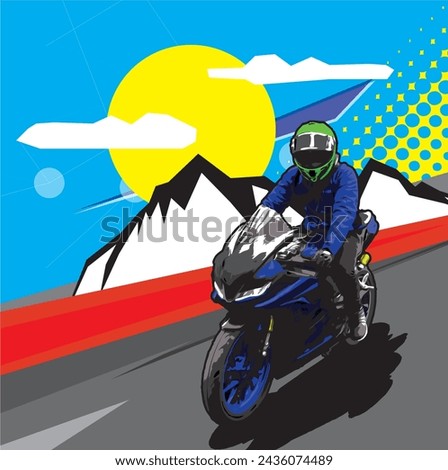 Riding Sport Bike In The Highland While Sunset Vector