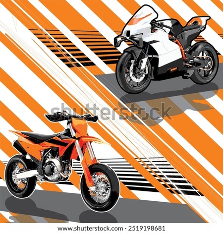 supermoto and superbike with orange and white stripe background vector. this image perferct for motorcylce, automotive community, ride, race, tour and event logo.