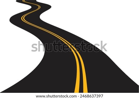 S-shaped curved road with two orange center lines on white background and isolated