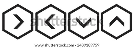 Set, left right up down arrow button, black arrow with in hexagon frame and black border with white background.