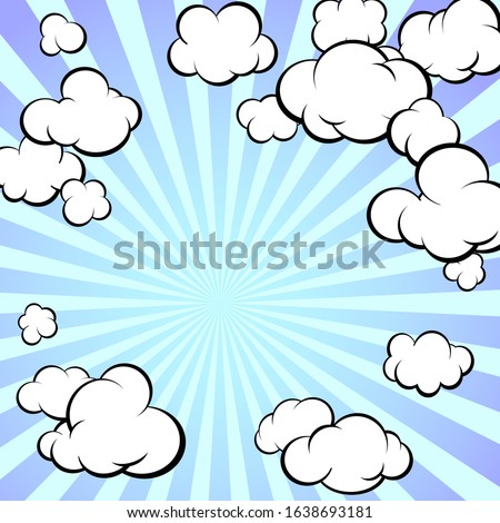 Frame of painted clouds. Radial rays of the sun. Retro style. Cartoon. Square format. Vector illustration.