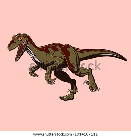 Colored dinosaur Raptor drawn in cartoon style. Attacking predator in pop art style. Vector illustration