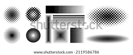 Set of halftone dots of rectangular, oval, round, square shape isolated on white background. For Pop Art. Previous illustration.