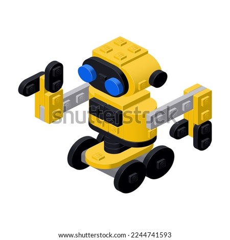 Yellow robot on wheels, assembled from plastic bricks. Vector clipart