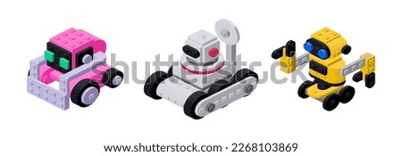 Set of cute little cartoon robots in isometry. Vector clipart