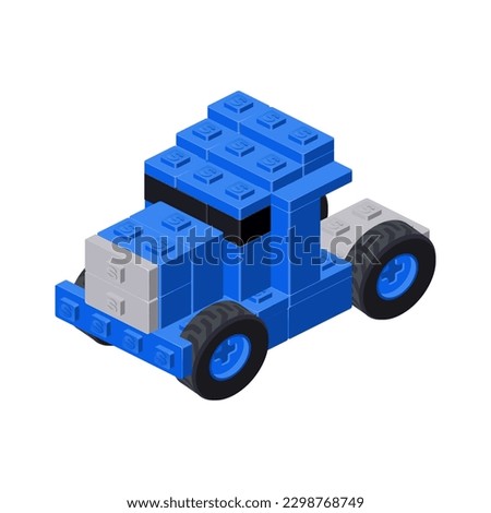 Blue tractor assembled from plastic blocks in isometric style for print and design. Vector illustration.