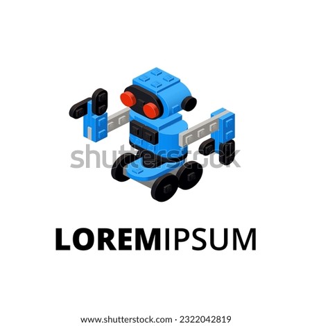 Logo with a blue robot assembled from plastic blocks in isometric style for printing and decoration. Vector illustration.