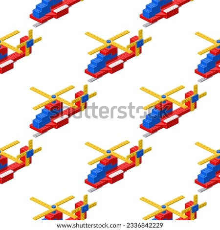 Pattern with helicopters assembled from plastic blocks in isometric style for print and decoration. Vector illustration.