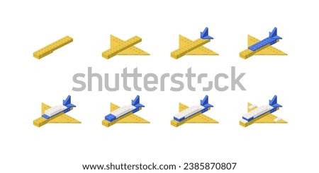 Step-by-step construction of an airplane from plastic blocks. Vector