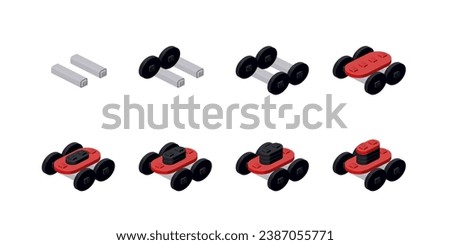 Step-by-step assembly of a red lawn mower. Vector