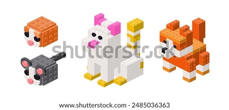 Set of pets in isometry from cubes. Vector illustration