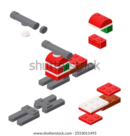 Concept with deconstruction snowmobile from plastic blocks. Vector