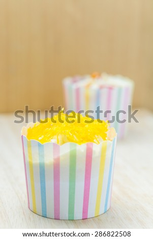 Soft cake or cupcake topped with golden threads of Thai Desert and Thai Food
