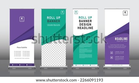 rollup brochure banner design template vector, green and purple vertical banner, flyer, presentation, leaflet, j-flag, x-stand, x-banner, exhibition display, Business Roll Up Set