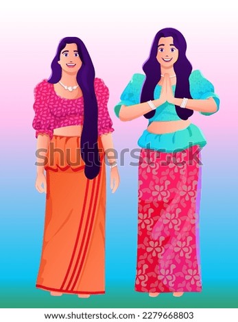 Sinhala new year greetings young lady. Girls with redda and hettaya. cartoon. sri Lanka traditional  dress, vector illustration  