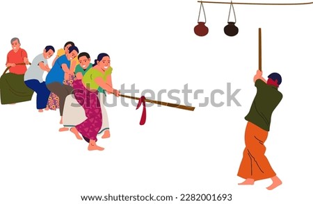 Sinhala new year games or activities. women with redda and hettaya. flat illustration cartoon. sri Lanka traditional  dress, vector ,kabha adima, kana mutti bidima