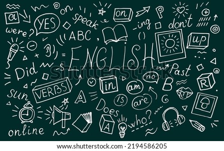 English language learning concept vector illustration. Doodle of foreign language education course for home online training study. Background design with english word art illustration