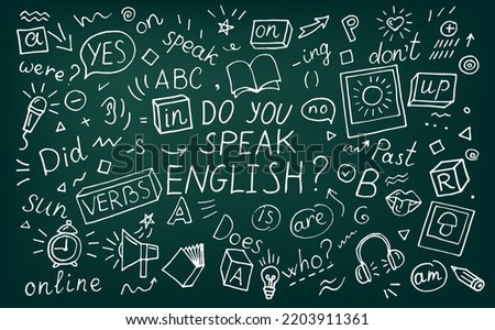 Do you speak English? English language learning concept vector illustration. Doodle of foreign language education course for home online training study. Background design with english word art