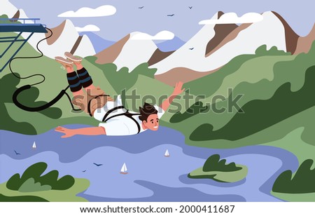 Bungee jumping of rope jumper. Happy man falling down with elastic cord. Extreme bungy jump over summer landscape with lake and mountains. Flat vector illustration of person during land diving.