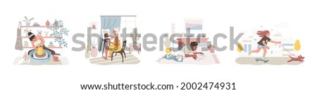 Set of happy people spending free leisure time with different hobbies. Pottery, painting, reading book and walking with dog on skateboard. Flat graphic vector illustration isolated on white background