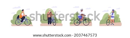 Set of people riding bicycles and standing near bikes. Men and women cyclists. Different riders cycling in nature. Happy young and old bicyclists. Flat vector illustration isolated on white background