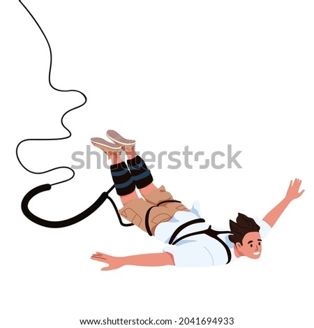 Man tied with elastic rope falling down after bungee jump. Happy jumper fly after extreme bungy leap with cord. Flat vector illustration of person during free fall isolated on white background