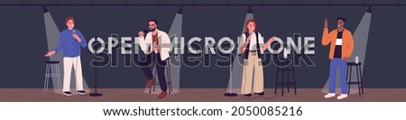 Open mic banner with comedians on stage. Spotlighted comics with microphones joking at stand-up comedy show. Laughing people on standup club scene. Colored flat vector illustration of stand-upers Stockfoto © 
